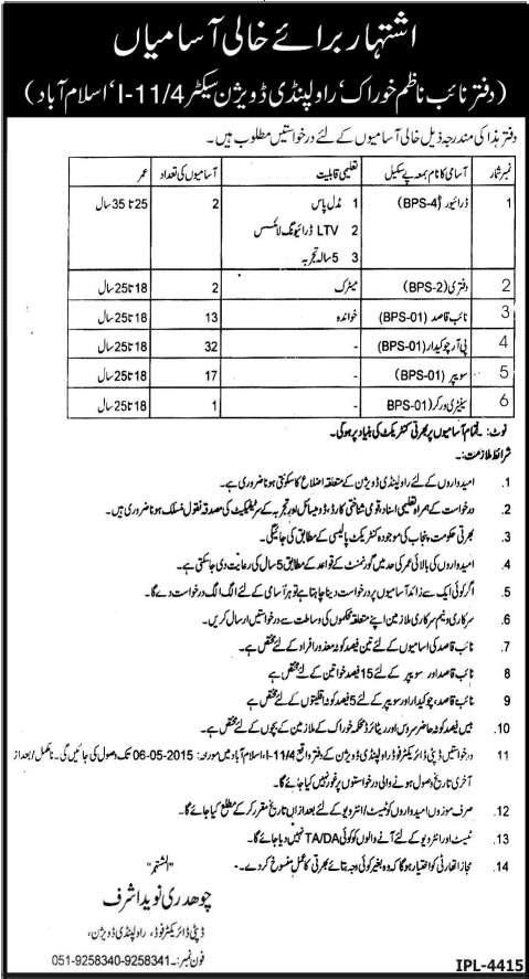 Food Department Rawalpindi / Islamabad Jobs 2015 April Naib Qasid, Chowkidar, Sweeper & Others