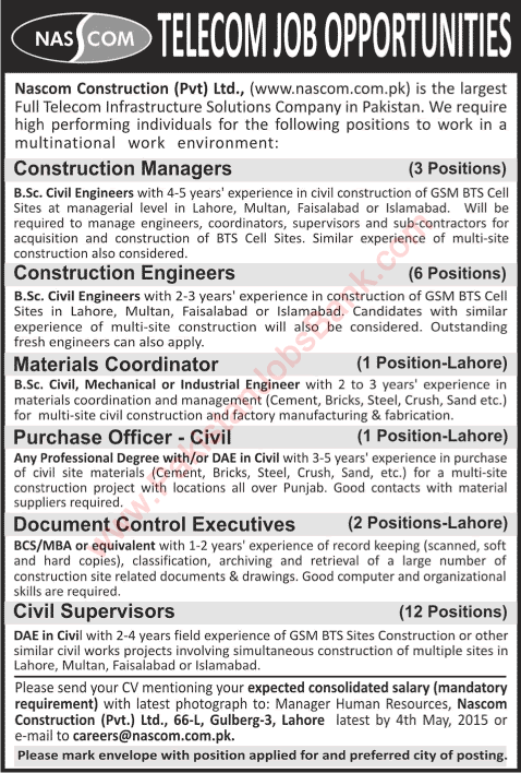 NASCOM Construction Pvt. Ltd Jobs 2015 April Civil Engineers & Document Control Executives Latest