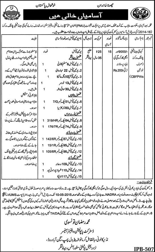 Family Planning Worker Jobs in Bahawalnagar 2015 April / May Population Welfare Department Latest