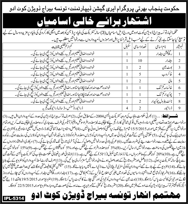 Taunsa Barrage Division Kot Addu Jobs 2015 May Boatman, Baildar, Mali, Chowkidar & Others