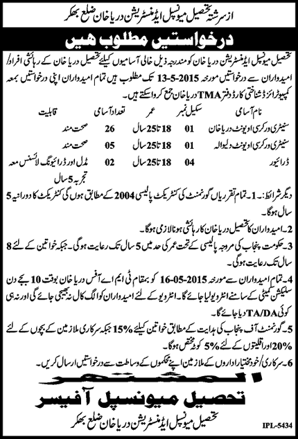 Sanitary Workers & Driver Jobs in TMA Bhakkar 2015 May Tehsil Municipal Administration Latest