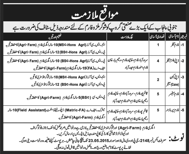 Agriculture Jobs in Pakistan May 2015 M.Sc. / B.Sc. in Sugar Mills and Farms in Punjab Latest