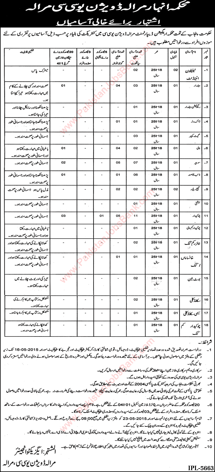 Marala Division UCC Jobs 2015 May Upper Chenab Canal Punjab Irrigation Department Latest