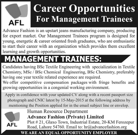 Management Trainee Jobs in Lahore 2015 May at Advance Fashion Limited (AFL) Latest