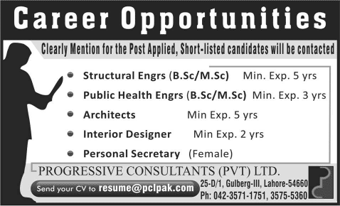 Progressive Consultants Lahore Jobs 2015 May Public Health / Civil Engineers, Architects & Others
