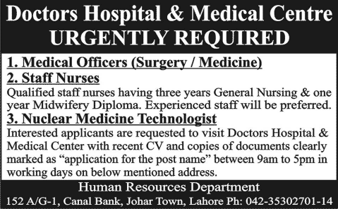 Doctors Hospital Lahore Jobs 2015 May for Medical Officers, Nurses & Nuclear Medicine Technologist