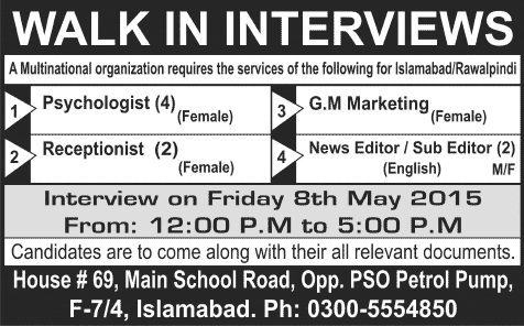 Jobs in Islamabad / Rawalpindi 2015 May for Receptionists, Marketing Manager, Psychologists & News Editors