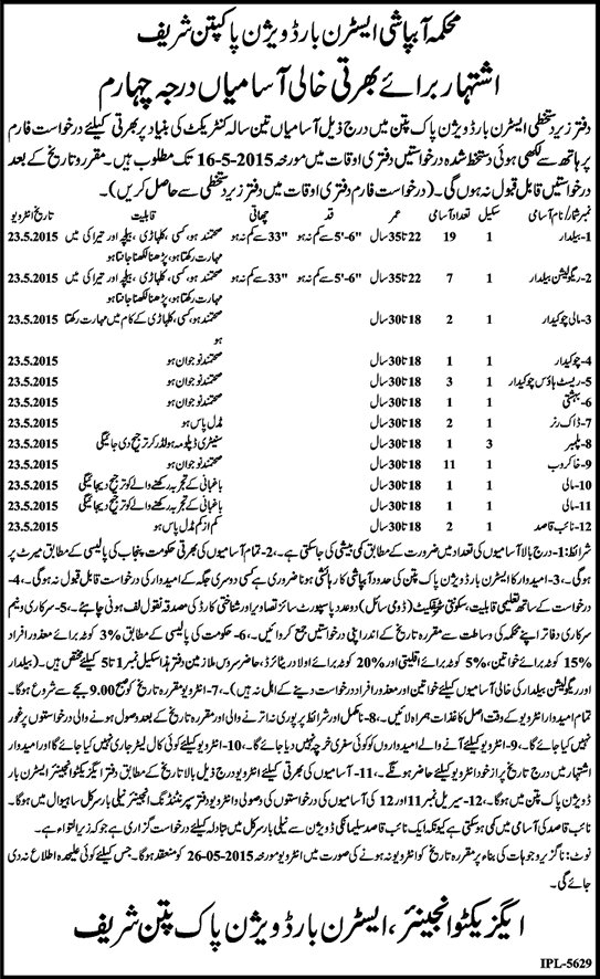 Irrigation Department Pakpattan Jobs 2015 May Baildar, Khakroob, Chowkidar, Mali & Others