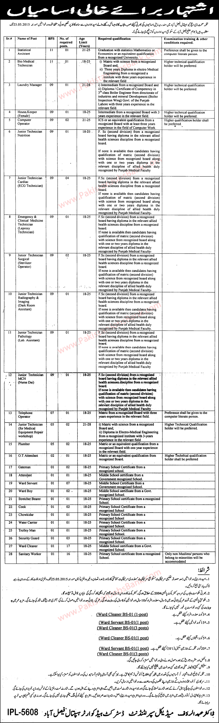 DHQ Hospital Faisalabad Jobs 2015 May Junior / Medical Technicians, Admin & Support Staff Latest