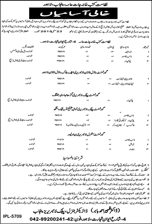 Directorate of Public Libraries Punjab Jobs 2015 May Naib Qasid, Chowkidar, Khakroob & Others