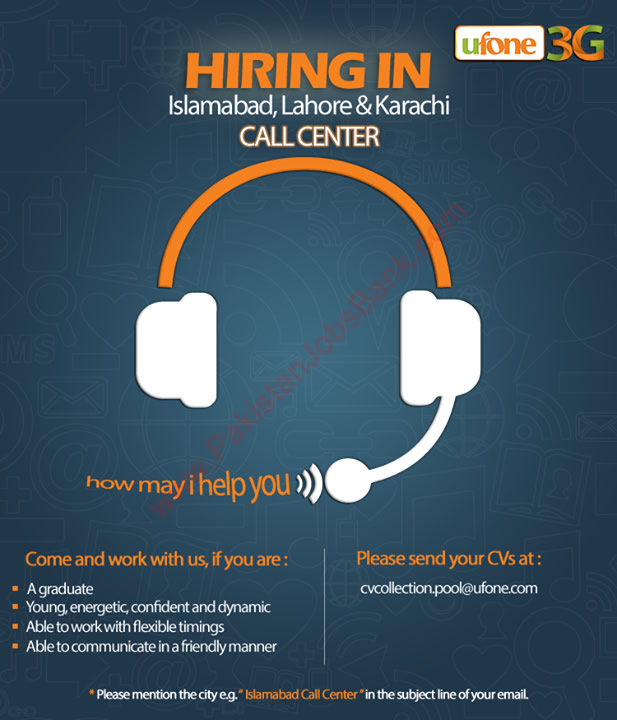Ufone Call Center Jobs 2015 May in Islamabad, Lahore, Karachi Latest