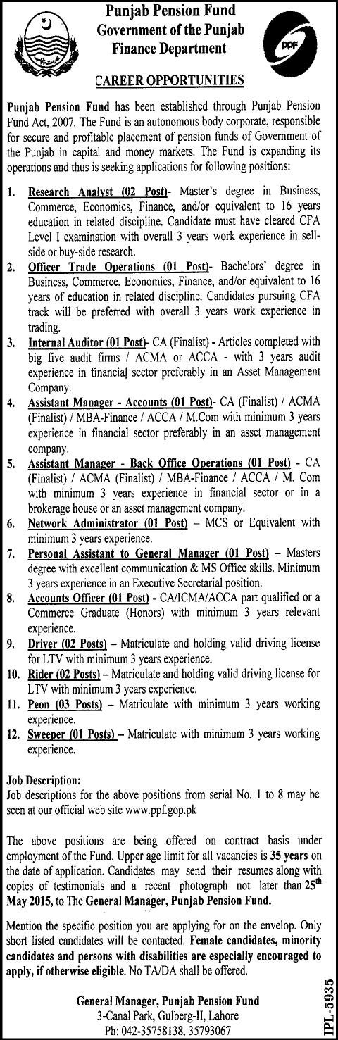 Punjab Pension Fund Jobs 2015 May Finance Department Latest Advertisement