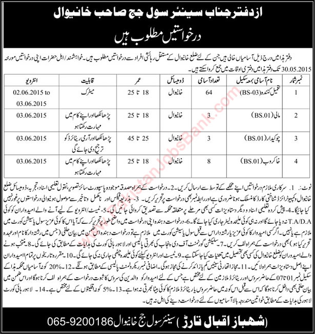 Civil Courts Khanewal Jobs 2015 May Tameel Kuninda, Khakroob, Mali & Chowkidar Latest