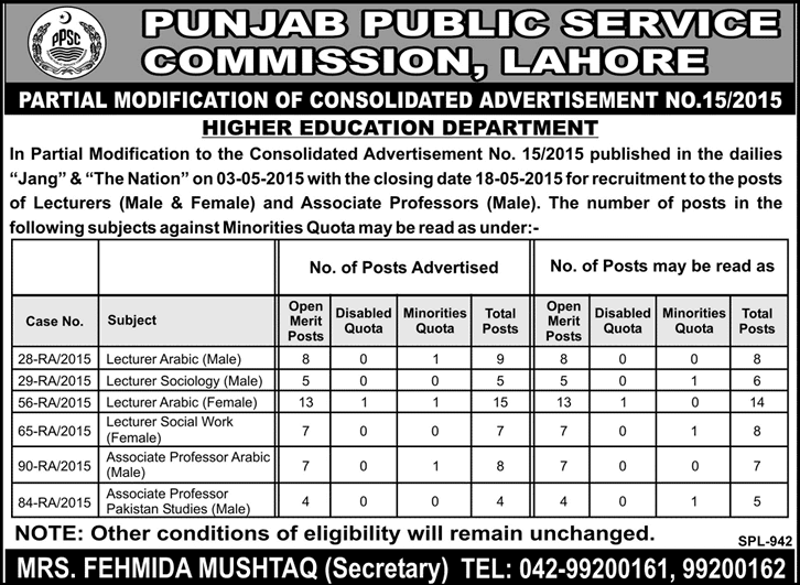 Corrigendum of PPSC Consolidated Advertisement No. 15/2015 for Lecturers & Associate Professors Jobs May 2015