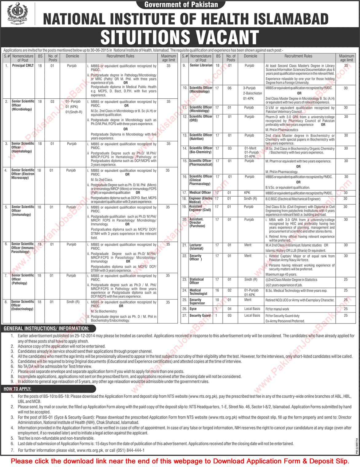 National Institute of Health Islamabad Jobs 2015 May NTS Application Form Download Latest / New