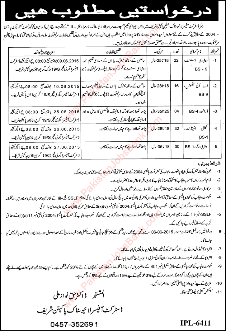 District Livestock Office Pakpattan Jobs 2015 May Veterinary Assistant, AI Technicians, Attendants & Others