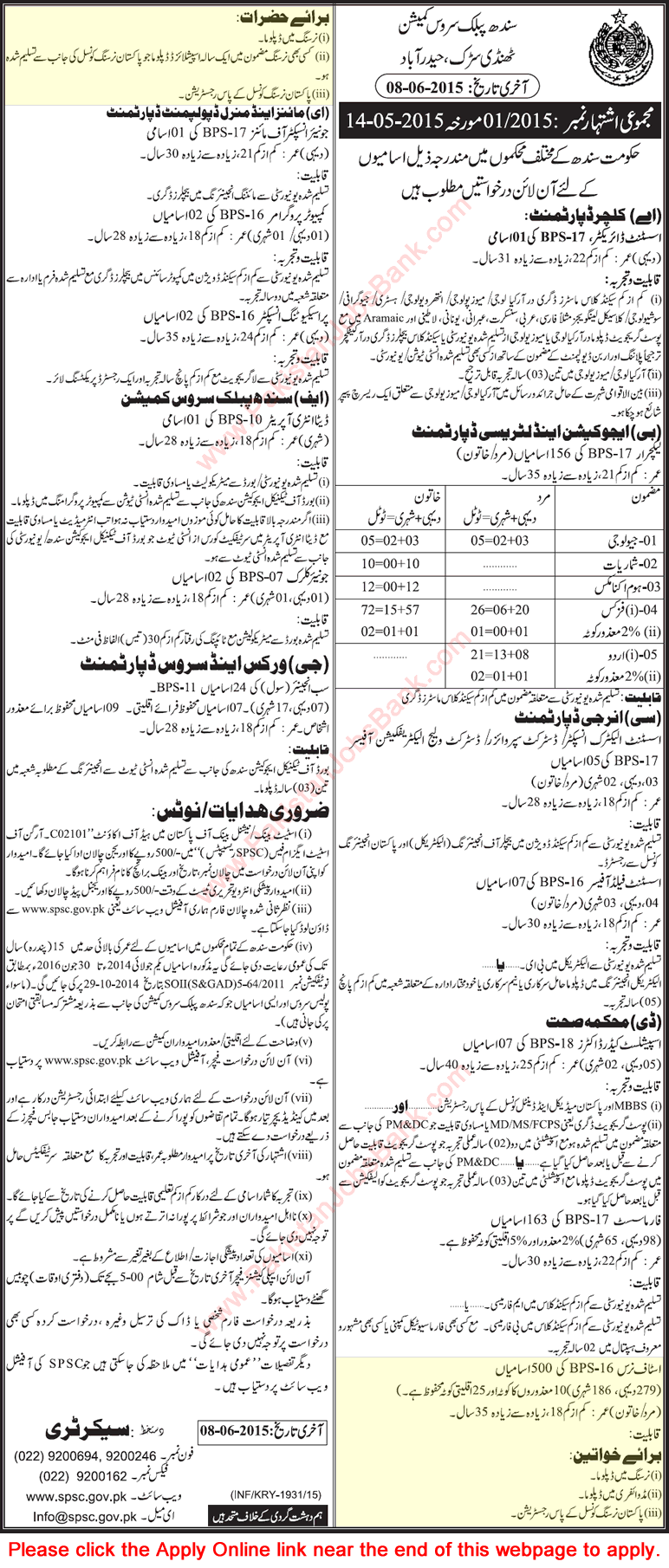 Staff Nurses Jobs in SPSC May 2015 Health Department Sindh Online Apply Male / Female Latest