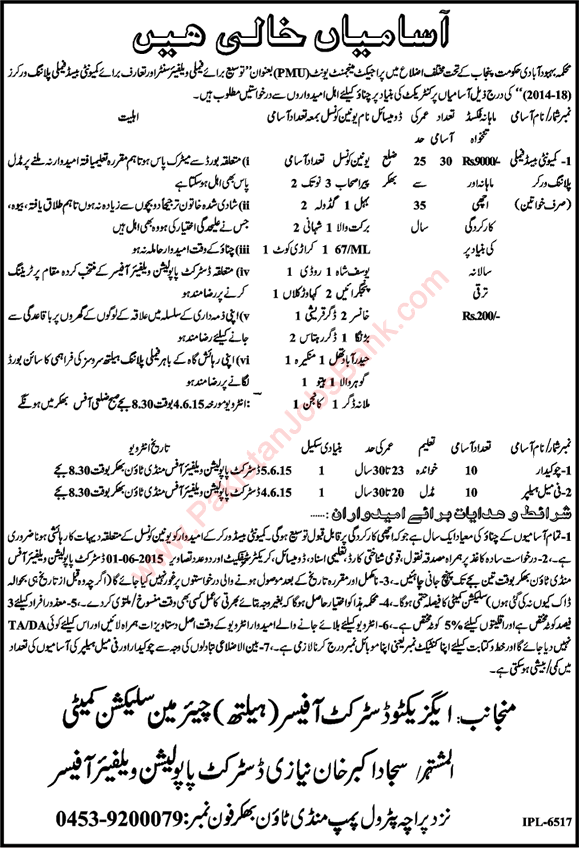Population Welfare Department Punjab Jobs 2015 May for Family Planning Workers, Chowkidar & Female Helper