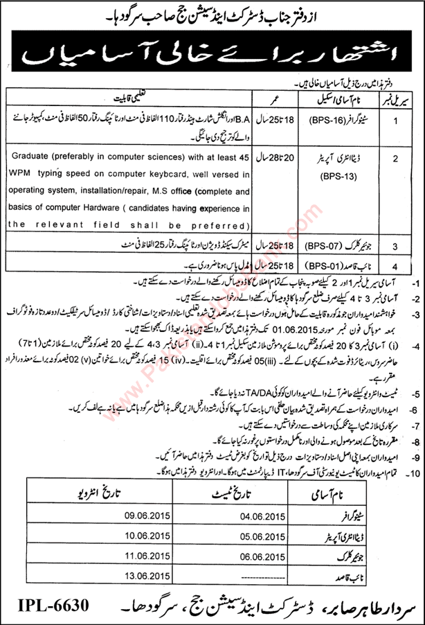 Stenographers, Clerks, Naib Qasid & Date Entry Jobs in District and Session Court Sargodha May 2015