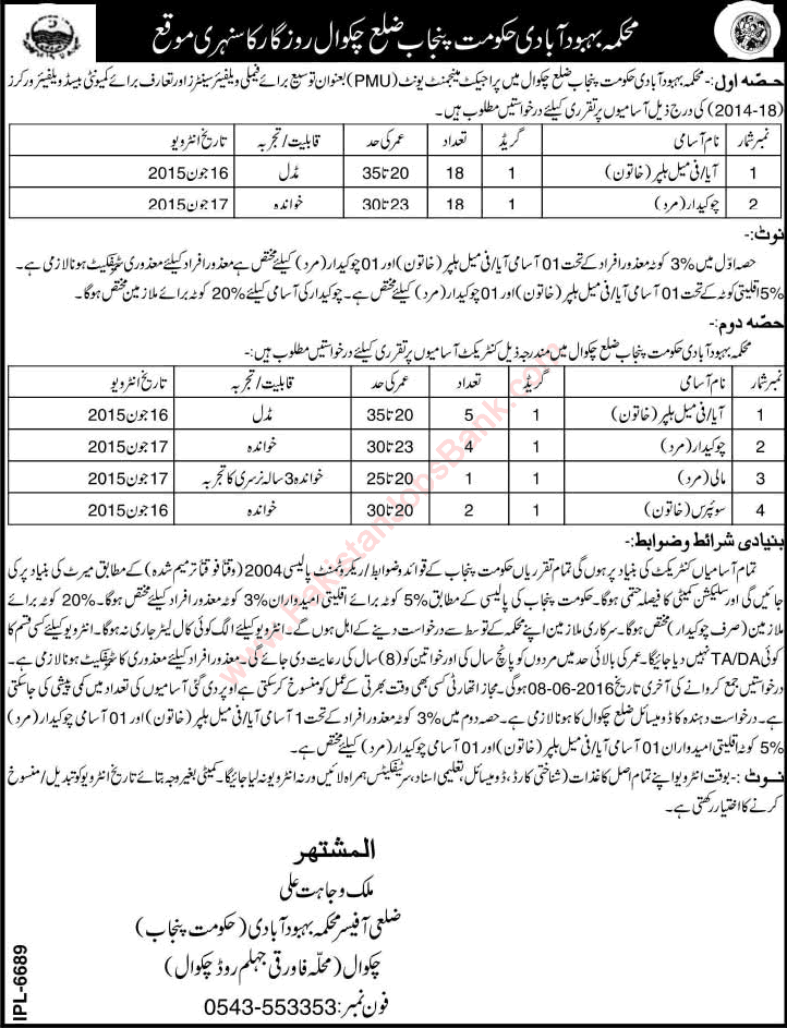 Mehkma Behbood-e-Abadi Chakwal Jobs 2015 May Female Helper / Aya, Chowkidar, Mali & Sweepers