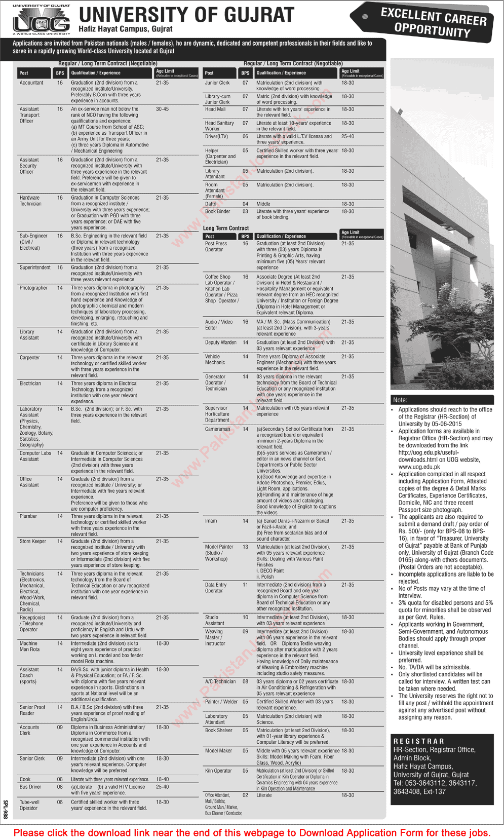 Admin Staff Jobs in University of Gujrat 2015 May Application Form Download Latest