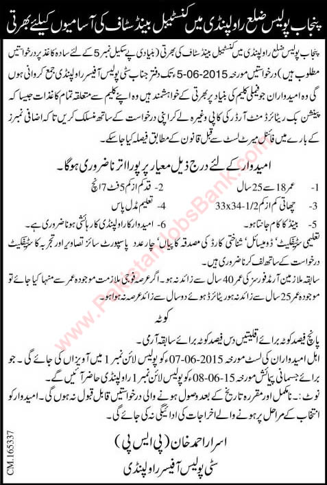 Constable Band Staff Jobs in  Punjab Police Rawalpindi 2015 May Latest