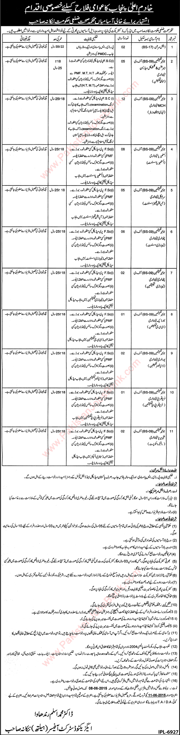 Nankana Sahib District Health Department Jobs 2015 May Junior Technicians & Dental Surgeons