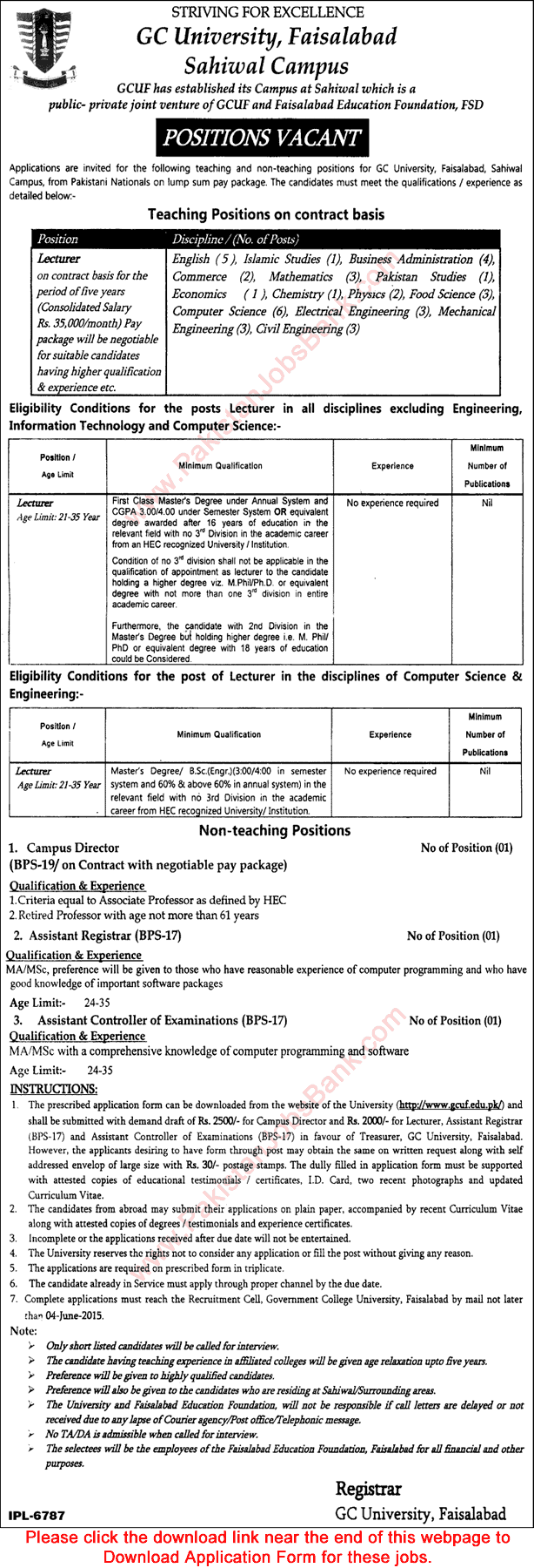 Admin & Teaching Vacancies in GC University Faisalabad Sahiwal Campus 2015 May Application Form
