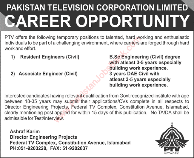 Civil Engineering Jobs in PTV 2015 May / June Pakistan Television Corporation Limited Latest
