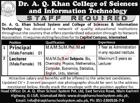 Vacancies in Dr AQ Khan College of Science and Technology Islamabad 2015 May / June Lecturers & Principal