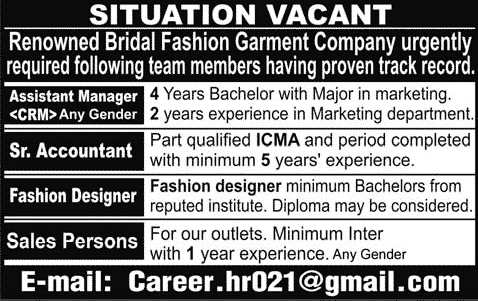 Bridal Fashion Garment Company Jobs in Karachi 2015 June Fashion Designer, Accountant & Sales Staff