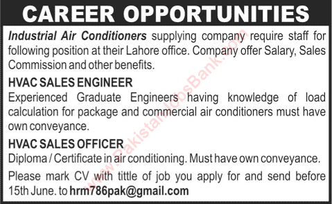 HVAC Sales Engineer / Officer Jobs in Lahore 2015 June at Industrial Air Conditioners Supplying Company