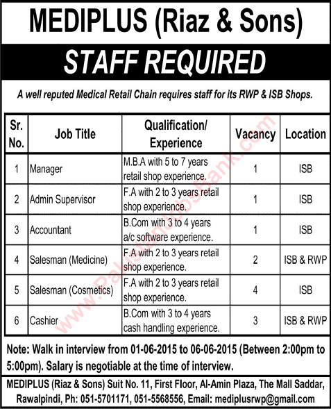 Manager, Accountant, Salesman & Cashier Jobs in Islamabad Rawalpindi 2015 June Mediplus (Riaz & Sons)