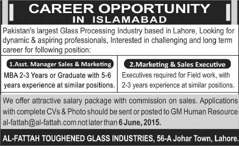 Sales and Marketing Careers in Islamabad 2015 June at Al-Fattah Toughened Glass Industries