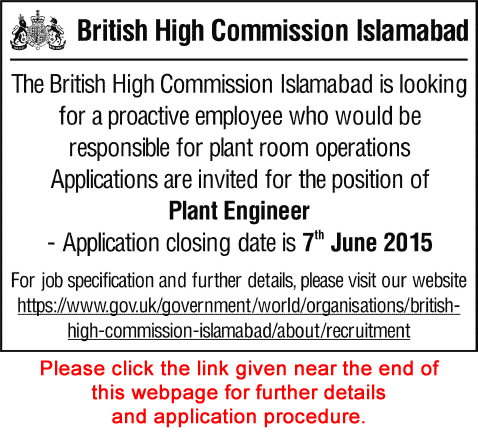 British High Commission Islamabad Vacancies 2015 June Application Form Plant Engineer Latest