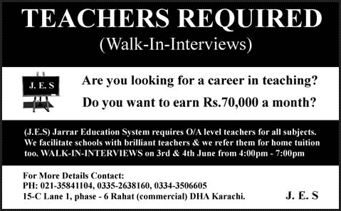 Teaching Jobs at Jarrar Education System (J.E.S) Karachi 2015 June Walk in Interviews