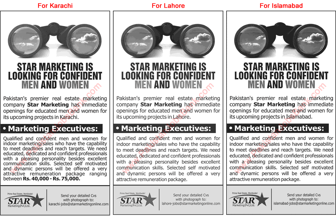 Marketing Executive Jobs at Star Marketing 2015 June in Lahore, Karachi & Islamabad Latest