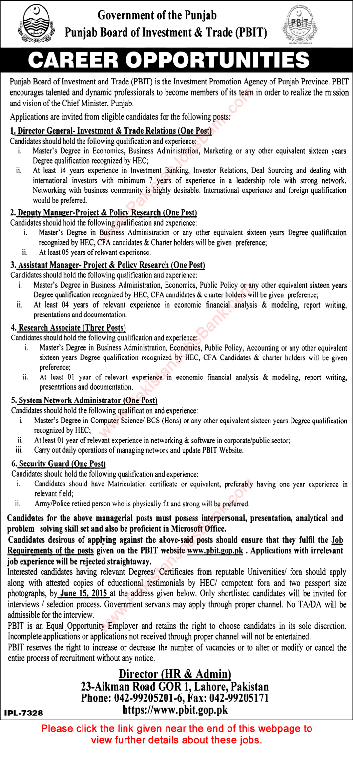 Punjab Board of Investment & Trade Careers 2015 June PBIT Latest Advertisement