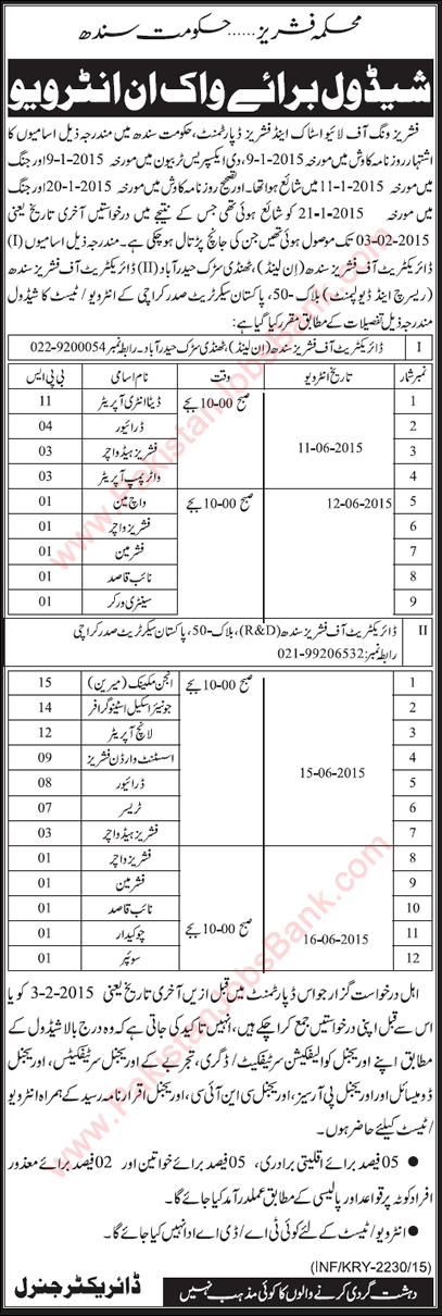 Fisheries Department Sindh Jobs Interview Schedule June 2015 Latest Advertisement