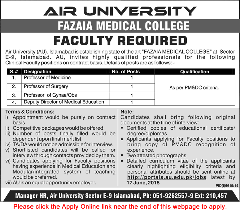Fazaia Medical College Islamabad Jobs 2015 June Apply Online Medical Faculty Air University