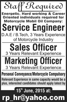 Service Engineer, Sales & Marketing Officer Jobs in Pakistan 2015 June in Motorcycle Mobil Oil Company