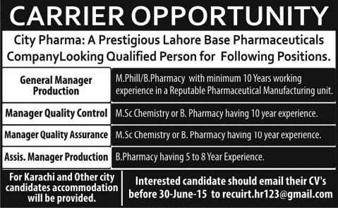 Pharmacist Jobs in City Pharma Lahore 2015 June as Production Managers & Quality Control Managers