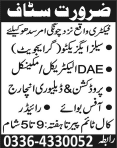 Latest Jobs in Lahore 2015 June Sales Executive, Engineer, Production / Delivery Incharge, Office Boy & Rider