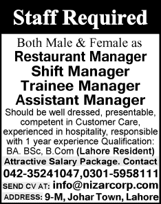 Nizar Corporation Lahore Jobs 2015 June Restaurant / Shift Managers, Assistant & Trainee Manager
