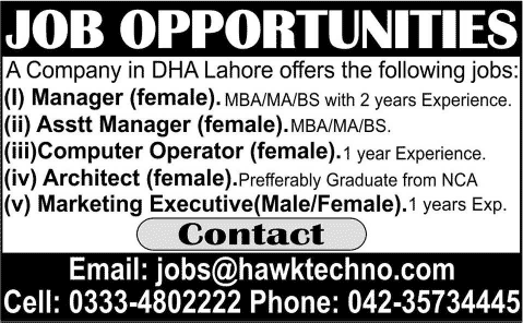 Hawk Technologies Lahore Jobs 2015 June Managers, Computer Operator, Architect & Marketing Executive
