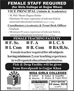 Nisa Girls College Gujar Khan Jobs 2015 June Teaching Faculty, Vice Principal, Coordinators & Front Desk Officer