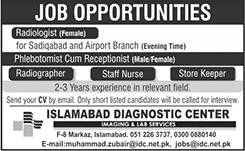 Islamabad Diagnostic Center Jobs 2015 June Radiologist, Radiographer, Nurses, Store Keeper & Phlebotomist