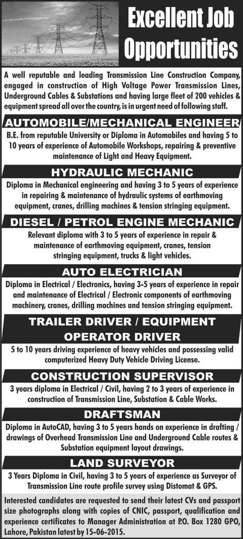 PO Box 1280 GPO Lahore Jobs 2015 June Engineers & Technicians in Transmission Line Construction Company