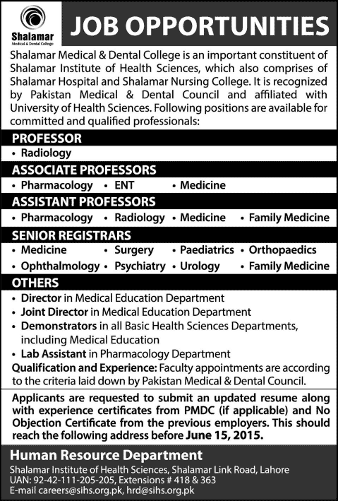 Shalamar Medical & Dental College Lahore Jobs 2015 June Medical Faculty, Directors & Lab Assistant