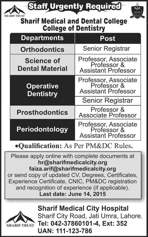 Sharif Medical and Dental College Lahore Jobs 2015 June Medical Faculty at College of Dentistry